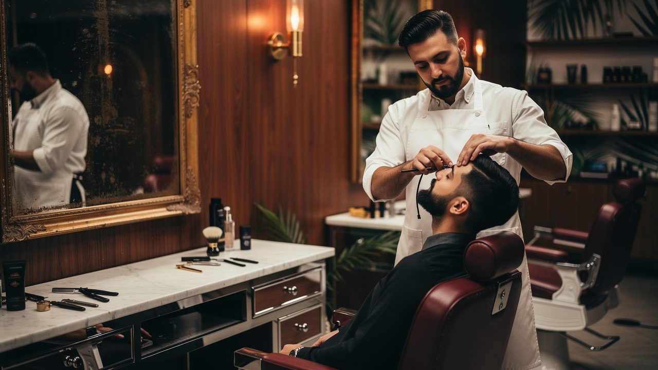 Interior de barbearia com barbeiro atendendo um cliente