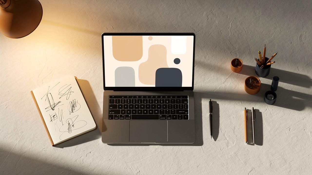 Mesa de trabalho com notebook, caderno de rascunhos e luminária